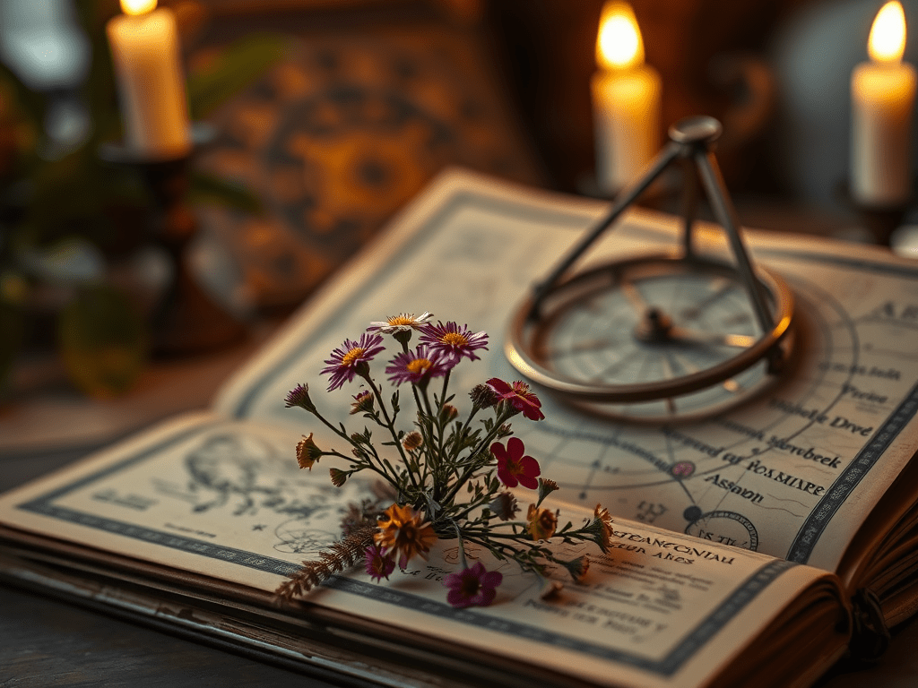 Mazzetto di Fiori di Bach su libro antico, simbolo di botanica spirituale, astrologia e percorsi di consapevolezza